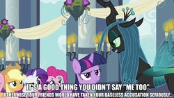 Size: 960x540 | Tagged: safe, edit, edited screencap, screencap, applejack, fluttershy, pinkie pie, queen chrysalis, rarity, twilight sparkle, changeling, earth pony, pegasus, pony, unicorn, a canterlot wedding, g4, #metoo, bait, candelabra, candle, cowboy hat, duo focus, female, hat, image macro, irony, mare, me too, mouthpiece, op is a duck, op is trying to start shit, text, unicorn twilight