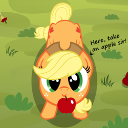 Size: 2244x2244 | Tagged: safe, artist:stellardust, derpibooru exclusive, applejack, earth pony, pony, g4, apple, applejack's hat, both cutie marks, cowboy hat, cute, dialogue, female, food, grass, hat, high res, jackabetes, looking at you, looking up, looking up at you, mare, mouth hold, solo, vector