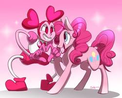 Size: 995x803 | Tagged: safe, artist:commander booty call, pinkie pie, earth pony, gem (race), pony, g4, spoiler:steven universe, spoiler:steven universe: the movie, crossover, default spinel, duo, duo female, female, gem, heart hands, mare, pink, profile, smiling, spinel, spinel (steven universe), spoilers for another series, steven universe, steven universe: the movie