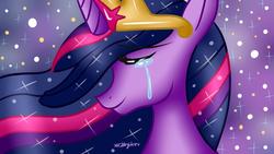 Size: 1280x720 | Tagged: safe, artist:pinkberryprincess, artist:seanekogirl, twilight sparkle, alicorn, pony, g4, the last problem, abstract background, bust, crown, crying, ethereal mane, eyes closed, female, happy, jewelry, mare, older, older twilight, older twilight sparkle (alicorn), princess twilight 2.0, regalia, signature, solo, speedpaint, starry mane, tears of joy, teary eyes, twilight sparkle (alicorn)