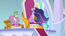 Size: 1920x1080 | Tagged: safe, screencap, spike, twilight sparkle, alicorn, dragon, pony, g4, the last problem, adult, adult spike, amused, best friends, canterlot castle, claws, crown, duo, embarrassed, ethereal mane, female, flowing mane, folded wings, gigachad spike, hoof shoes, jewelry, mare, older, older spike, older twilight, older twilight sparkle (alicorn), princess twilight 2.0, raised eyebrow, regalia, royal advisor, smuglight sparkle, throne room, twilight sparkle (alicorn), winged spike, wings