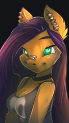 Size: 1080x1920 | Tagged: safe, artist:noben, oc, oc only, oc:pumpkin lily, earth pony, anthro, anthro oc, breasts, cleavage, clothes, ear piercing, female, heart eyes, mare, nose piercing, piercing, smiling, tank top, wingding eyes