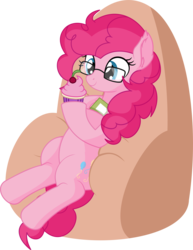 Size: 5673x7362 | Tagged: safe, artist:cyanlightning, pinkie pie, earth pony, pony, g4, .svg available, absurd resolution, book, chair, chest fluff, clothes, cute, diapinkes, ear fluff, eating, female, glasses, mare, simple background, sitting, solo, transparent background, vector