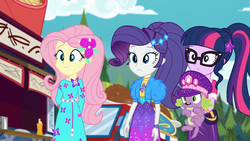 Size: 1920x1080 | Tagged: safe, screencap, fluttershy, rarity, sci-twi, spike, spike the regular dog, twilight sparkle, dog, equestria girls, equestria girls series, g4, lost and pound, spoiler:choose your own ending (season 2), spoiler:eqg series (season 2), falafel, female, flower, flower in hair, food, food truck, geode of fauna, geode of shielding, geode of telekinesis, glasses, hat, lost and pound: fluttershy, magical geodes, music festival outfit, outdoors, ponytail, spike's festival hat, trio, trio female
