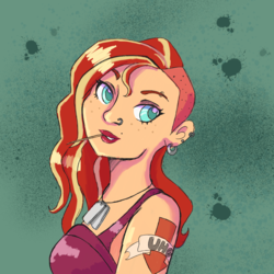 Size: 2048x2048 | Tagged: dead source, safe, artist:pettypop, sunset shimmer, equestria girls, g4, alternate hairstyle, dog tags, ear piercing, earring, female, freckles, high res, jewelry, nose piercing, nose ring, peppered bacon, piercing, sidecut, solo, tattoo, undercut