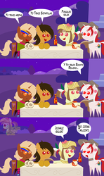Size: 568x960 | Tagged: safe, artist:archooves, oc, oc only, oc:chilenia, oc:nucita, oc:princess peruvia, oc:tailcoatl, pony, arepa, chile, comic, dialogue, female, food, hat, hot sauce, looking at each other, mare, mexico, nation ponies, open mouth, peru, pointy ponies, ponified, smiling, spanish, speech bubble, venezuela, watermark