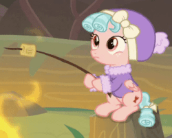 Size: 328x264 | Tagged: safe, screencap, cozy glow, pegasus, pony, frenemies (episode), g4, animated, aweeg*, campfire, clothes, cozybetes, cropped, cute, daaaaaaaaaaaw, eating, female, filly, foal, food, funny background event, gif, hat, marshmallow, nom, puffy cheeks, small devil eating, solo, tree stump, winter outfit