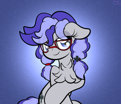 Size: 1798x1536 | Tagged: safe, artist:php142, oc, oc only, oc:cinnabyte, earth pony, pony, chest fluff, commission, earth pony oc, female, fluffy, glasses, lidded eyes, looking at you, mare, smiling, smug, solo, your character here