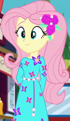 Size: 520x895 | Tagged: safe, screencap, fluttershy, equestria girls, equestria girls series, g4, lost and pound, lost and pound: fluttershy, spoiler:eqg series (season 2), cropped, female, flower, flower in hair, food, food truck, geode of fauna, magical geodes, smiling, solo, standing