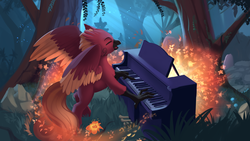 Size: 6192x3483 | Tagged: safe, artist:discordthege, oc, oc only, oc:arcus flamefeather, classical hippogriff, hippogriff, commission, eyes closed, flower, forest, hippogriff oc, musical instrument, piano, solo