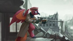 Size: 4445x2500 | Tagged: safe, artist:rublegun, edit, oc, oc only, oc:arcus flamefeather, classical hippogriff, hippogriff, fallout equestria, beret, fallout, gun, hat, hippogriff oc, mirrored, quadrupedal, rifle, ruins, soldier, solo, weapon