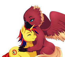 Size: 2500x2200 | Tagged: safe, artist:mlp-hugfactory, oc, oc:arcus flamefeather, oc:sunrise moonshadow, hippogriff, pony, high res, hug, wholesome