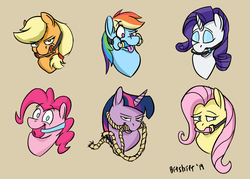 Size: 1323x949 | Tagged: safe, artist:bitshift, applejack, fluttershy, pinkie pie, rainbow dash, rarity, twilight sparkle, pony, g4, ballgag, bit gag, bondage, female, femsub, gag, looking at you, mane six, mare, submissive