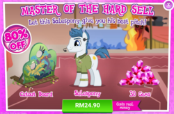 Size: 1036x678 | Tagged: safe, gameloft, ahuizotl, daring do, spotlight show, earth pony, pony, g4, advertisement, cardboard cutout, costs real money, gem, introduction card, male, sale, stallion
