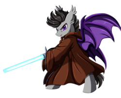 Size: 2969x2386 | Tagged: safe, artist:pridark, oc, oc only, bat pony, pony, bat pony oc, clothes, crossover, disney, high res, jedi, lightsaber, male, simple background, solo, star wars, transparent background, weapon