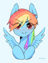 Size: 500x666 | Tagged: safe, artist:seamaggie, rainbow dash, pegasus, pony, g4, animated, blinking, blushing, bust, cute, dashabetes, eye clipping through hair, eyebrows, eyebrows visible through hair, female, flapping, flapping wings, gif, looking at you, mare, portrait, seamaggie is trying to murder us, solo