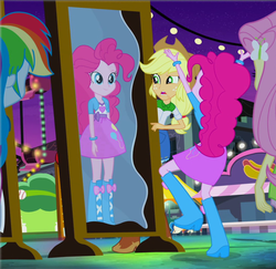 Size: 965x938 | Tagged: safe, screencap, applejack, fluttershy, pinkie pie, rainbow dash, equestria girls, g4, my little pony equestria girls: rainbow rocks, perfect day for fun, boots, cowboy boots, cowboy hat, female, hat, mirror, pinkie being pinkie, pinkie physics, shoes