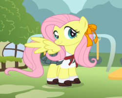 Size: 499x402 | Tagged: safe, artist:user15432, fluttershy, pegasus, pony, g4, bow, bowtie, clothes, cute, dressup, dressup game, hair bow, pleated skirt, school uniform, schoolgirl, shoes, skirt, socks, solo, starsue, uniform