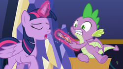 Size: 1280x720 | Tagged: safe, screencap, spike, twilight sparkle, alicorn, dragon, pony, g4, the last problem, leak, comic book, eyes closed, female, magic, male, mare, tail, telekinesis, toes, twilight sparkle (alicorn), underfoot, winged spike, wings