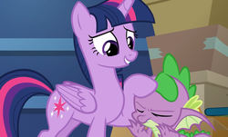 Size: 1190x720 | Tagged: safe, screencap, spike, twilight sparkle, alicorn, dragon, pony, g4, the last problem, leak, claws, eyes closed, female, male, mare, smiling, twilight sparkle (alicorn), winged spike, wings