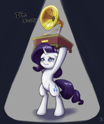 Size: 1258x1500 | Tagged: safe, artist:the-park, rarity, pony, unicorn, dragon dropped, g4, bipedal, female, gramophone, i'm sorry, mare, marshmelodrama, rarity being rarity, say anything, simple background, solo, standing on two hooves, teary eyes