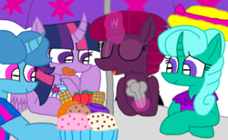 Size: 1748x1080 | Tagged: safe, artist:徐詩珮, fizzlepop berrytwist, glitter drops, spring rain, tempest shadow, twilight sparkle, alicorn, pony, unicorn, g4, beach, broken horn, clothes, equestria girls outfit, female, food, horn, ice cream, lesbian, mare, polyamory, ship:glitterlight, ship:glittershadow, ship:sprglitemplight, ship:springdrops, ship:springlight, ship:springshadow, ship:springshadowdrops, ship:tempestlight, shipping, simple background, summer, swimsuit, twilight sparkle (alicorn)