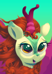 Size: 3508x4960 | Tagged: safe, artist:vultraz, autumn blaze, kirin, g4, abstract background, bust, female, open mouth, quadrupedal, smiling, solo