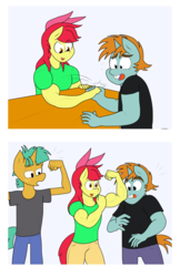 Size: 1280x1976 | Tagged: safe, artist:matchstickman, apple bloom, snails, snips, earth pony, unicorn, anthro, matchstickman's apple brawn series, tumblr:where the apple blossoms, g4, apple bloom's bow, apple brawn, arm wrestling, biceps, bow, clothes, deltoids, female, flexing, hair bow, jeans, male, muscles, pants, photos, shirt, simple background, table, tumblr comic, younger