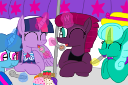 Size: 1630x1080 | Tagged: safe, artist:徐詩珮, fizzlepop berrytwist, glitter drops, spring rain, tempest shadow, twilight sparkle, alicorn, pony, unicorn, g4, broken horn, clothes, equestria girls outfit, female, food, happy, horn, ice cream, lesbian, mare, polyamory, ship:glitterlight, ship:glittershadow, ship:sprglitemplight, ship:springdrops, ship:springlight, ship:springshadow, ship:springshadowdrops, ship:tempestlight, shipping, simple background, summer, swimsuit, transparent background, twilight sparkle (alicorn)