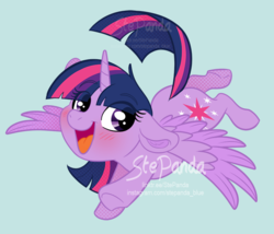 Size: 743x636 | Tagged: safe, artist:stepandy, twilight sparkle, alicorn, pony, blushing, cute, eye clipping through hair, eyebrows, eyebrows visible through hair, female, floppy ears, flying, happy, looking at you, mare, obtrusive watermark, solo, twiabetes, twilight sparkle (alicorn), watermark