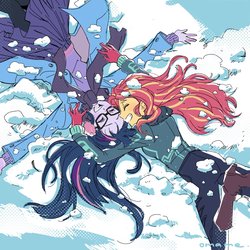 Size: 1100x1100 | Tagged: dead source, safe, artist:5mmumm5, sci-twi, sunset shimmer, twilight sparkle, equestria girls, g4, clothes, eyes closed, female, lesbian, ship:sci-twishimmer, ship:sunsetsparkle, shipping, snow, winter, winter outfit