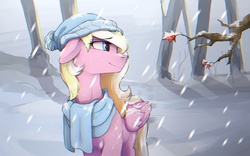 Size: 1600x1000 | Tagged: safe, artist:niehuaisang, oc, oc only, oc:bay breeze, pegasus, pony, clothes, cute, female, hat, mare, scarf, snow, solo, winter, ych result