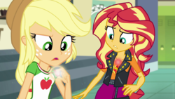 Size: 1280x720 | Tagged: safe, screencap, applejack, sunset shimmer, equestria girls, g4, my little pony equestria girls: better together, overpowered (equestria girls), geode of empathy, geode of super strength, glowing geodes, magical geodes