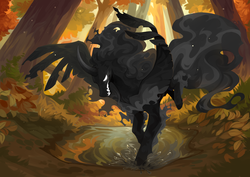 Size: 5847x4133 | Tagged: safe, artist:corzhkryakrya, pony of shadows, pony, g4, absurd resolution, antagonist, feather, forest, glowing eyes, glowing mouth, horn, leaves, male, solo, spread wings, stallion, water, wings