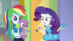 Size: 1280x720 | Tagged: safe, screencap, rainbow dash, rarity, spike, spike the regular dog, dog, a fine line, equestria girls, g4, my little pony equestria girls: better together, geode of shielding, magical geodes