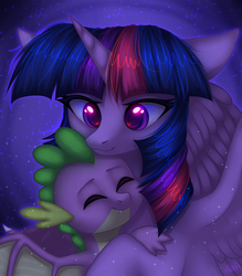 Size: 1587x1812 | Tagged: safe, artist:avrameow, spike, twilight sparkle, alicorn, dragon, pony, g4, cute, eyes closed, female, heart eyes, hug, male, mare, smiling, spikabetes, spikelove, twilight sparkle (alicorn), wingding eyes, winged spike, wings