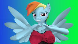 Size: 1920x1080 | Tagged: safe, artist:trailssfm, rainbow dash, anthro, g4, 3d, breasts, busty rainbow dash, clothes, ear piercing, female, gradient background, heart hands, looking at you, piercing, smiling, solo, source filmmaker