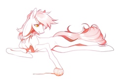 Size: 2560x1678 | Tagged: safe, artist:júlien gínko, roseluck, pony, g4, behaving like a cat, collar, commissioner:doom9454, concave belly, lying, missing cutie mark, pet tag, pony pet, rosepet, sketch, skinny, sternocleidomastoid, thin, yarn, yarn ball