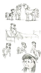 Size: 950x1664 | Tagged: safe, artist:baron engel, apple bloom, oc, earth pony, pony, unicorn, g4, bed, female, filly, floppy ears, mare, monochrome, pencil drawing, saddle bag, shrunken pupils, simple background, story included, traditional art, white background
