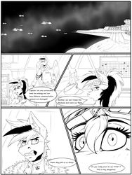 Size: 3000x4000 | Tagged: safe, artist:twotail813, oc, oc only, oc:gear, oc:twotail, pegasus, anthro, rcf community, black and white, clothes, comic, grayscale, monochrome, space, spaceship, text, wings