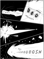 Size: 3000x4000 | Tagged: safe, artist:twotail813, rcf community, black and white, comic, explosion, grayscale, monochrome, space, spaceship, text