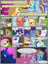Size: 600x800 | Tagged: safe, artist:dragontrainer13, artist:newbiespud, edit, edited screencap, screencap, applejack, big macintosh, derpy hooves, doctor whooves, fluttershy, pinkie pie, princess luna, rainbow dash, rarity, shining armor, soarin', spike, time turner, trixie, twilight sparkle, alicorn, dragon, earth pony, pegasus, pony, unicorn, comic:friendship is dragons, g4, apple, background pony, book, bookshelf, bowtie, bucket, collaboration, comic, dialogue, ethereal mane, eyes closed, female, flying, food, grin, hat, hoof hold, laughing, looking up, male, mane seven, mane six, mare, open mouth, screencap comic, scroll, slit pupils, smiling, stallion, starry mane, straw in mouth, thinking, tree, unamused, unicorn twilight, worried