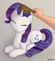 Size: 4489x5000 | Tagged: safe, artist:irisarco, rarity, human, pony, unicorn, g4, brush, brushing, chest fluff, cute, eyes closed, female, hand, mane brushing, mare, offscreen character, offscreen human, pov, prone, raribetes, simple background, smiling, solo