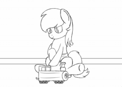 Size: 1400x1000 | Tagged: safe, artist:spritepony, oc, oc only, oc:snow frost, pony, adult foal, animated, cute, diaper, diaper fetish, earth pony oc, female, fetish, gif, gift art, lineart, non-baby in diaper, playing, sitting, sketch, solo, train