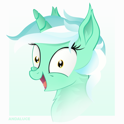 Size: 1500x1500 | Tagged: safe, artist:andaluce, derpibooru exclusive, lyra heartstrings, pony, unicorn, g4, bust, excited, female, gradient background, happy, irrational exuberance, looking at you, mare, neck fluff, open mouth, portrait, smiling, solo, wide eyes