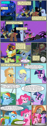 Size: 600x1592 | Tagged: safe, artist:dragontrainer13, artist:newbiespud, edit, edited screencap, screencap, applejack, berry punch, berryshine, blewgrass, carrot top, cherry berry, derpy hooves, fiddlesticks, golden harvest, meadow song, pinkie pie, pitch perfect, princess luna, rainbow dash, sea swirl, seafoam, sunshower raindrops, twilight sparkle, alicorn, earth pony, pegasus, pony, spider, unicorn, comic:friendship is dragons, g4, angry, animal costume, annoyed, apple family member, background pony, bedsheet ghost, bee costume, bubble pipe, cauldron, clothes, collaboration, comic, costume, crossed arms, dancing, devil horns, dialogue, ethereal mane, eyes closed, female, hat, helmet, hoof shoes, horned helmet, male, mare, night, paper bag, ragtime, scared, screencap comic, shrug, smiling, stallion, starry mane, stars, unamused, unicorn twilight, unnamed character, unnamed pony, viking helmet
