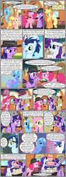 Size: 600x1592 | Tagged: safe, artist:dragontrainer13, artist:newbiespud, edit, edited screencap, screencap, applejack, fluttershy, pinkie pie, rainbow dash, rarity, shining armor, soarin', trixie, twilight sparkle, earth pony, pegasus, pony, unicorn, comic:friendship is dragons, g4, bags under eyes, bubble pipe, cake, cloak, clothes, collaboration, comic, d:, dialogue, eyes closed, female, flying, food, freckles, frown, glowing horn, grin, hat, horn, looking up, magic, male, mane six, mare, open mouth, raised hoof, screencap comic, smiling, stallion, suspicious, telekinesis, unamused, unicorn twilight, wide eyes