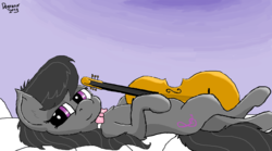 Size: 1578x875 | Tagged: safe, artist:degranomelody, octavia melody, earth pony, pony, g4, cello, female, lidded eyes, looking at you, mare, ms paint, musical instrument, on back, solo