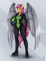 Size: 960x1280 | Tagged: safe, artist:belkyr, scootaloo, pegasus, anthro, plantigrade anthro, g4, amputee, artificial wings, augmented, bodysuit, clothes, female, latex, latex suit, looking at you, metal wing, older, older scootaloo, prosthetic limb, prosthetic wing, prosthetics, solo, uniform, washouts uniform, wings
