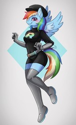 Size: 784x1280 | Tagged: safe, artist:belkyr, rainbow dash, pegasus, anthro, plantigrade anthro, blushing, boots, cap, clothes, crossover, female, gloves, hat, looking at you, mare, pokémon, shoes, solo, team rainbow rocket, team rocket, thigh boots